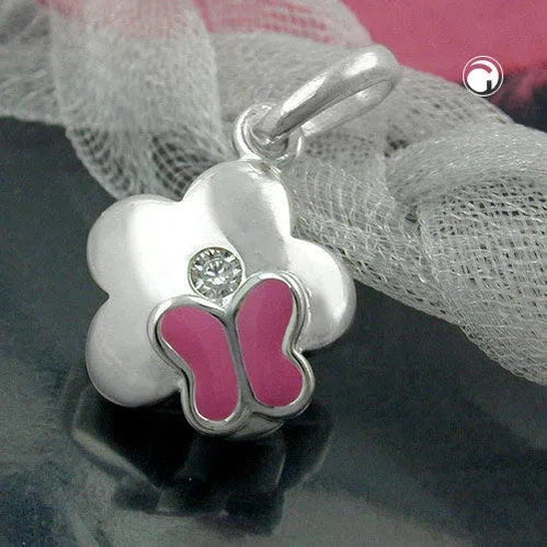 Anhänger 10mm Blume mit Schmetterling und Zirkonia Silber 925-Kinder-Anhänger Silber-Schmuckhoelle.com