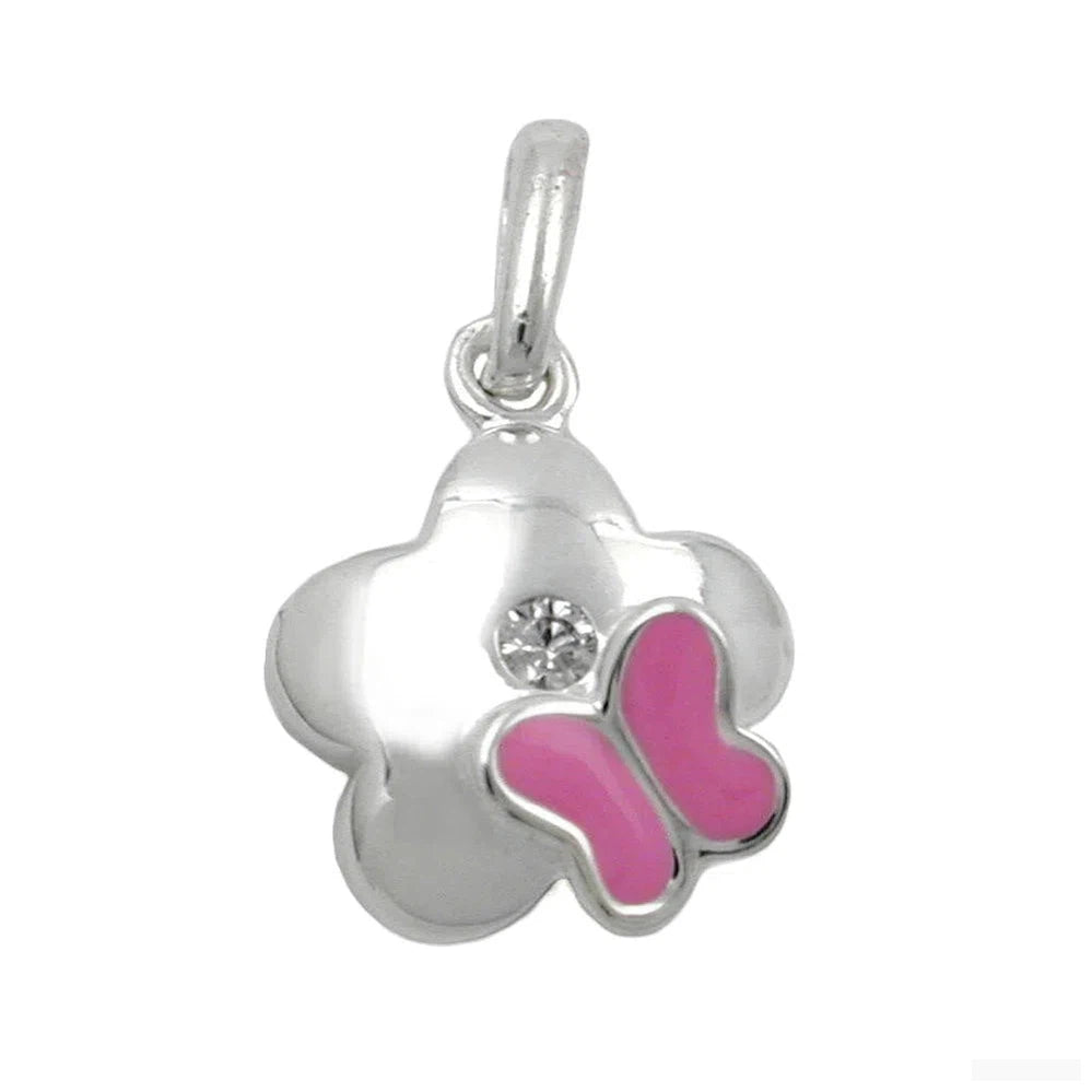 Anhänger 10mm Blume mit Schmetterling und Zirkonia Silber 925-Kinder-Anhänger Silber-Schmuckhoelle.com