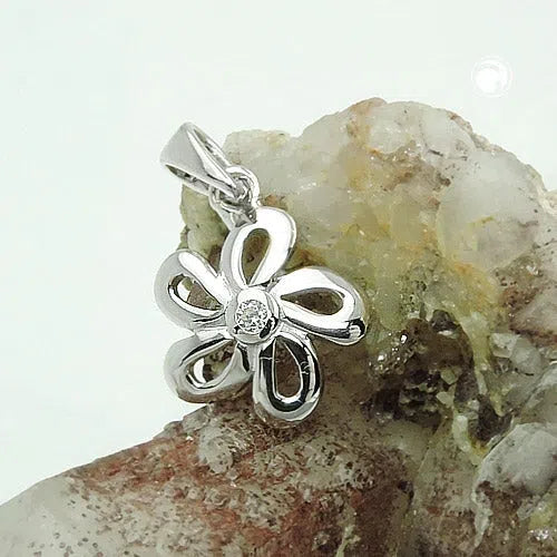 Anhänger 10mm Blume mit Zirkonia glänzend rhodiniert Silber 925/1000-Anhänger Zirkonia weiß Silber-Schmuckhoelle.com