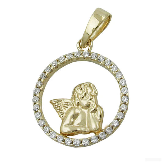 Anhänger 14mm Engelmotiv mit Zirkonias 9Kt GOLD-Anhänger religiöse Motive GOLD-Schmuckhoelle.com