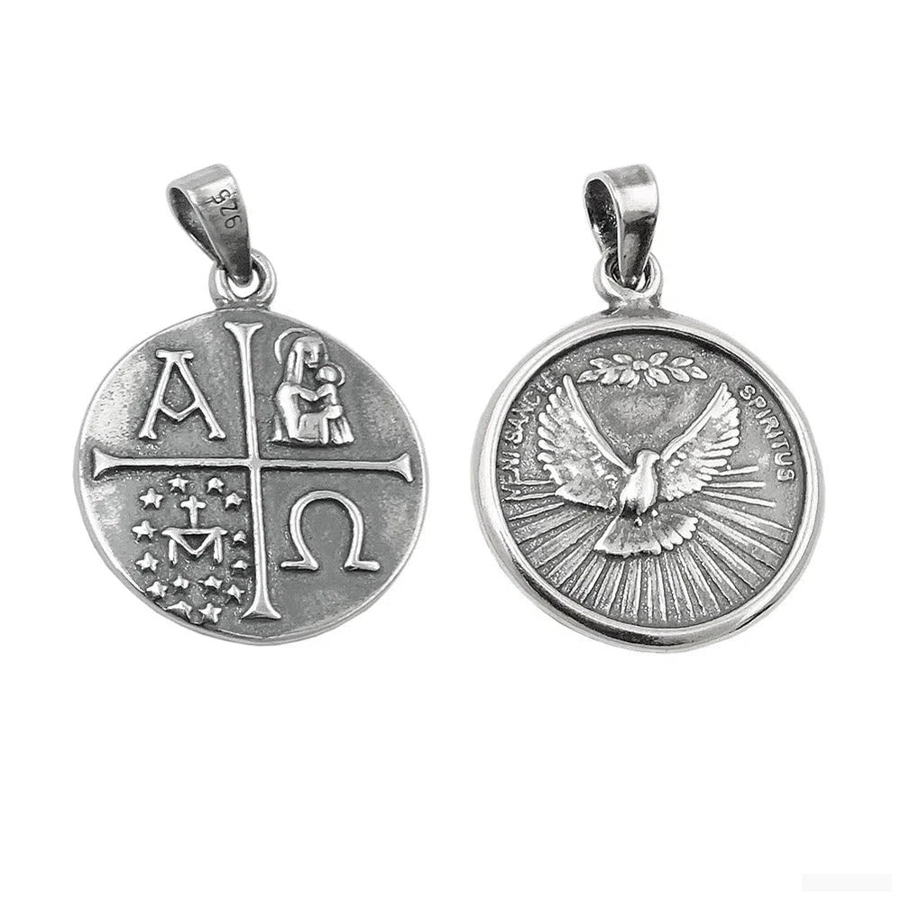 Anhänger 15mm Medaille Taube christliche Symbole geschwärzt Silber 925-Religiöse Anhänger Silber-Schmuckhoelle.com