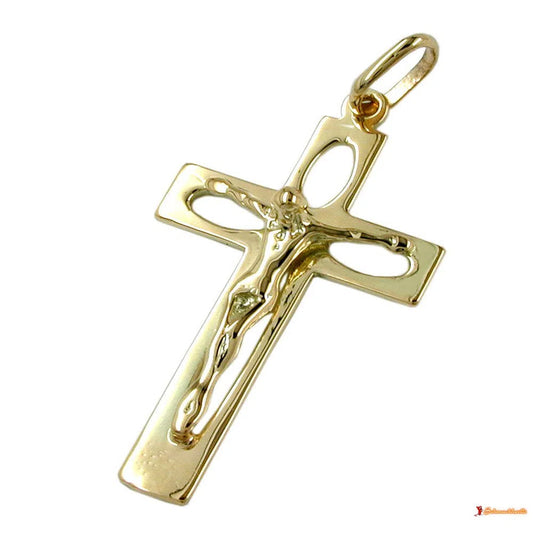 Anhänger 28x17mm Kreuz mit Jesus durchbrochen glänzend 14Kt GOLD-Kreuzanhänger GOLD-Schmuckhoelle.com