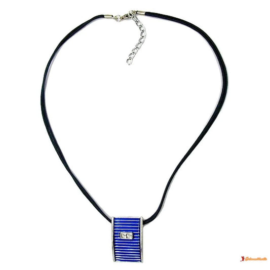 Kette 32x21mm Metallanhänger silberfarben Email blau Glassteine Kordel blau 45cm-Ketten blau-Schmuckhoelle.com