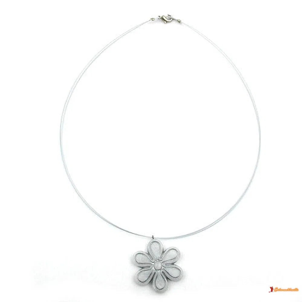 Kette Drahtkette Anhänger Blüte grau-silber-matt Kunststoffperlen 42cm-Drahtketten Kunststoff-Perlen-Schmuckhoelle.com