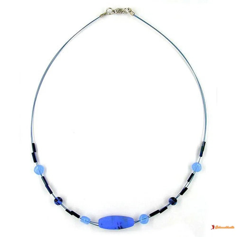 Kette Glas blau-schwarz-matt-Drahtketten mit Glasperlen-Schmuckhoelle.com