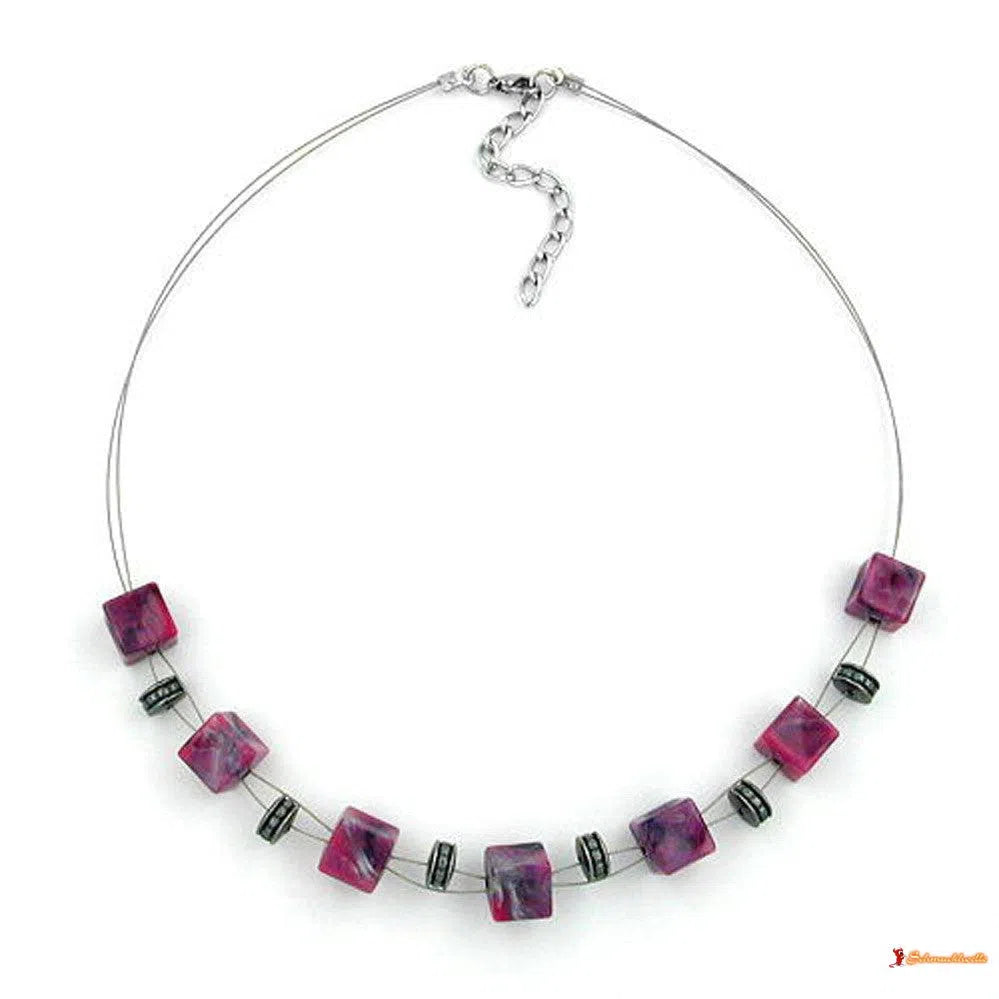 Kette Würfel pink-grau-marmoriert-Drahtketten Kunststoff-Perlen-Schmuckhoelle.com