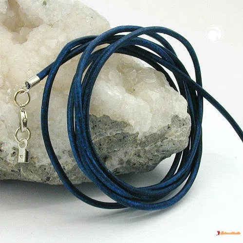 Lederband Rundschnur Rindleder 2mm blau gefärbt mit 1x Verschluss silberfarbig ca. 1m-Lederband 2mm-Schmuckhoelle.com