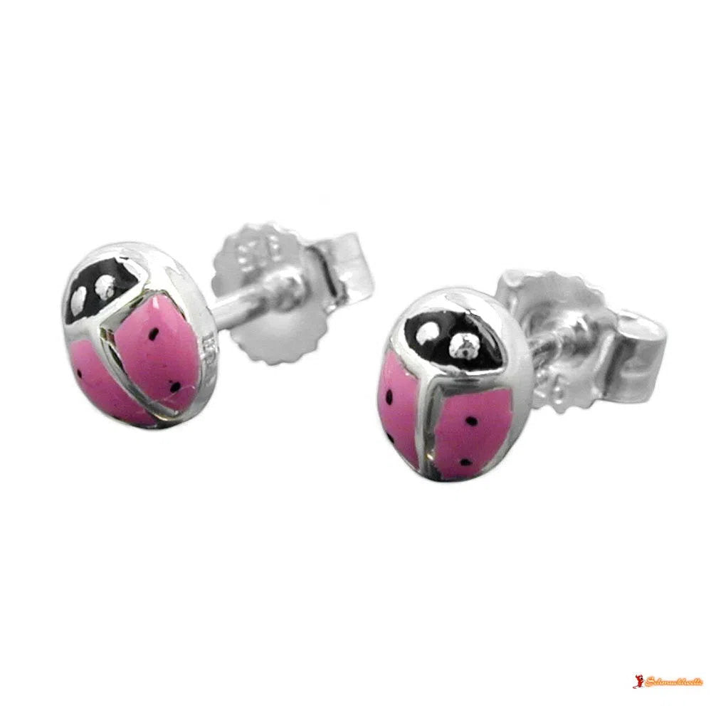 Ohrstecker Ohrring 5x4mm Kinderohrring Marienkäfer rosa-schwarz lackiert Silber 925-Kinder-Ohrstecker Silber-Schmuckhoelle.com