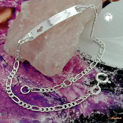 Schildarmband 2mm Figarokette mit Herz Armband mit Gravurplatte 25x5x1mm Silber 925-Kinder-Armbänder Silber-Schmuckhoelle.com