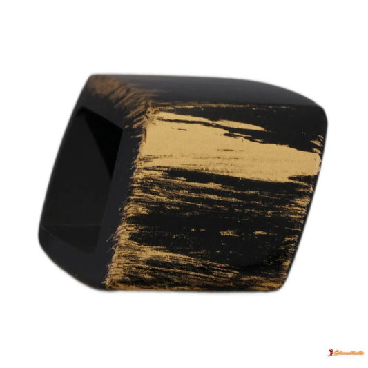 Tuchring 45x36x18mm Sechseck schwarz-gold-strich matt Kunststoff-Tuchringe Modeschmuck-Schmuckhoelle.com